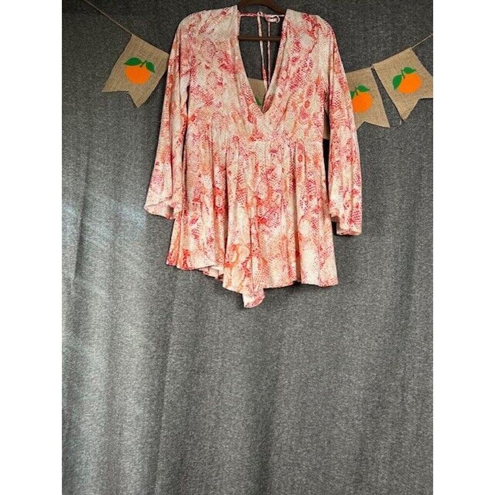 Anthropologie Ark Co Python Romper Size L Pink Bell Sleeve Animal Print Tie Back